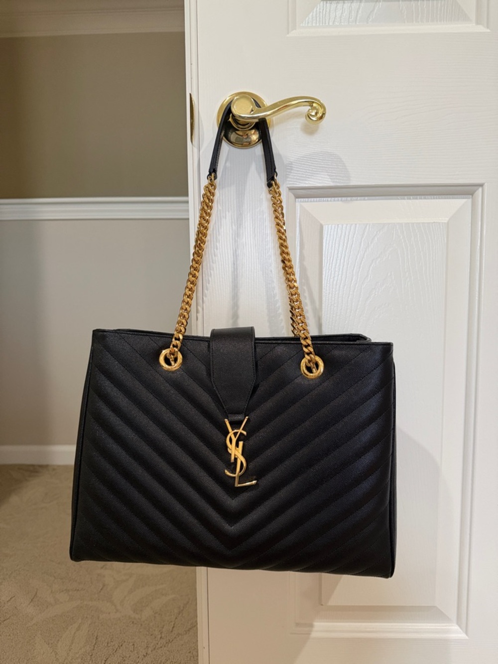 Saint Laurent Black Quilted Leather Shoulder Tote with Gold Hardware - Picture 1 of 5